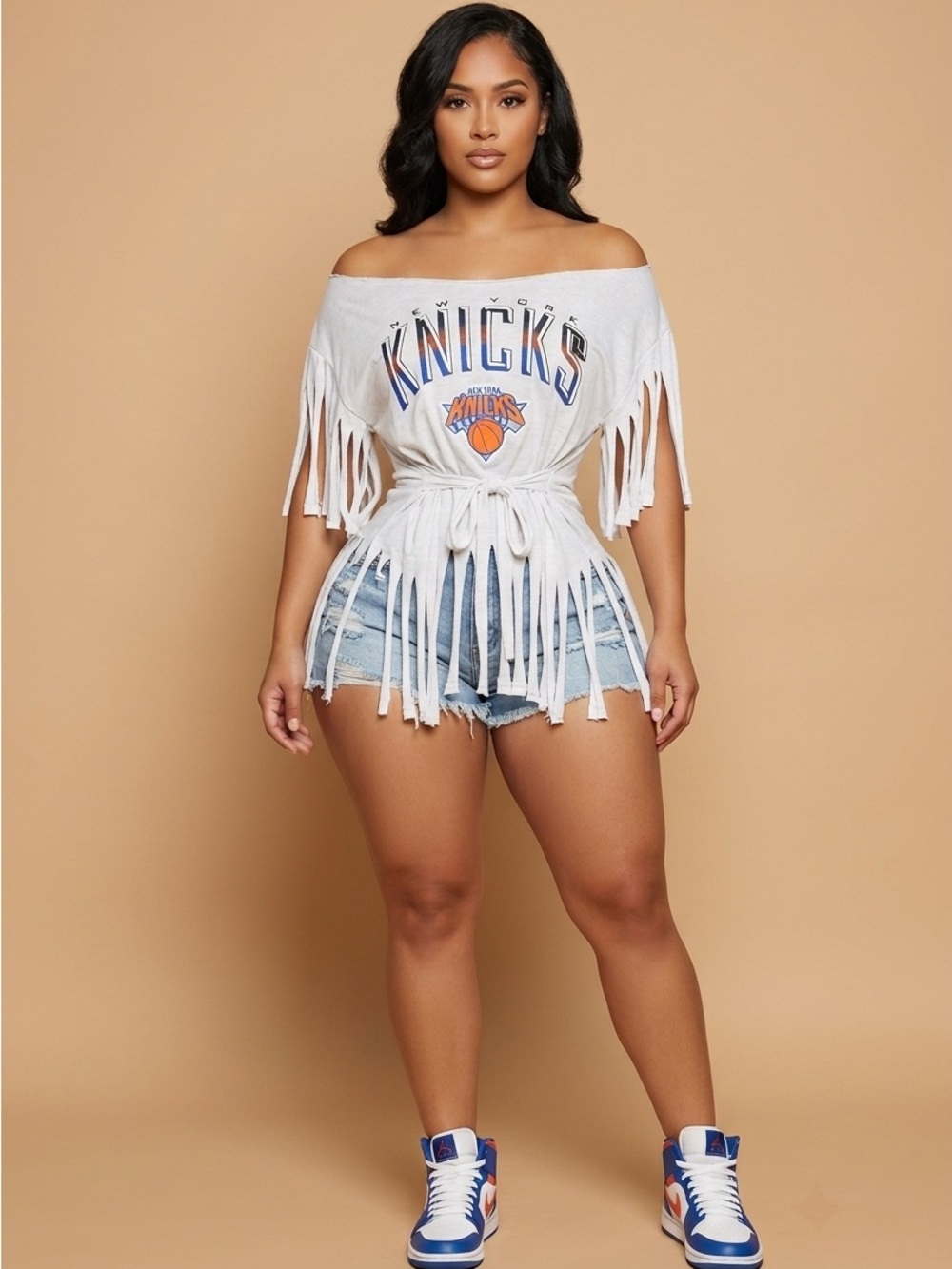 Upcycled rip Off-Shoulder Knicks Fringe Tie-Waist Top size L- 2X.